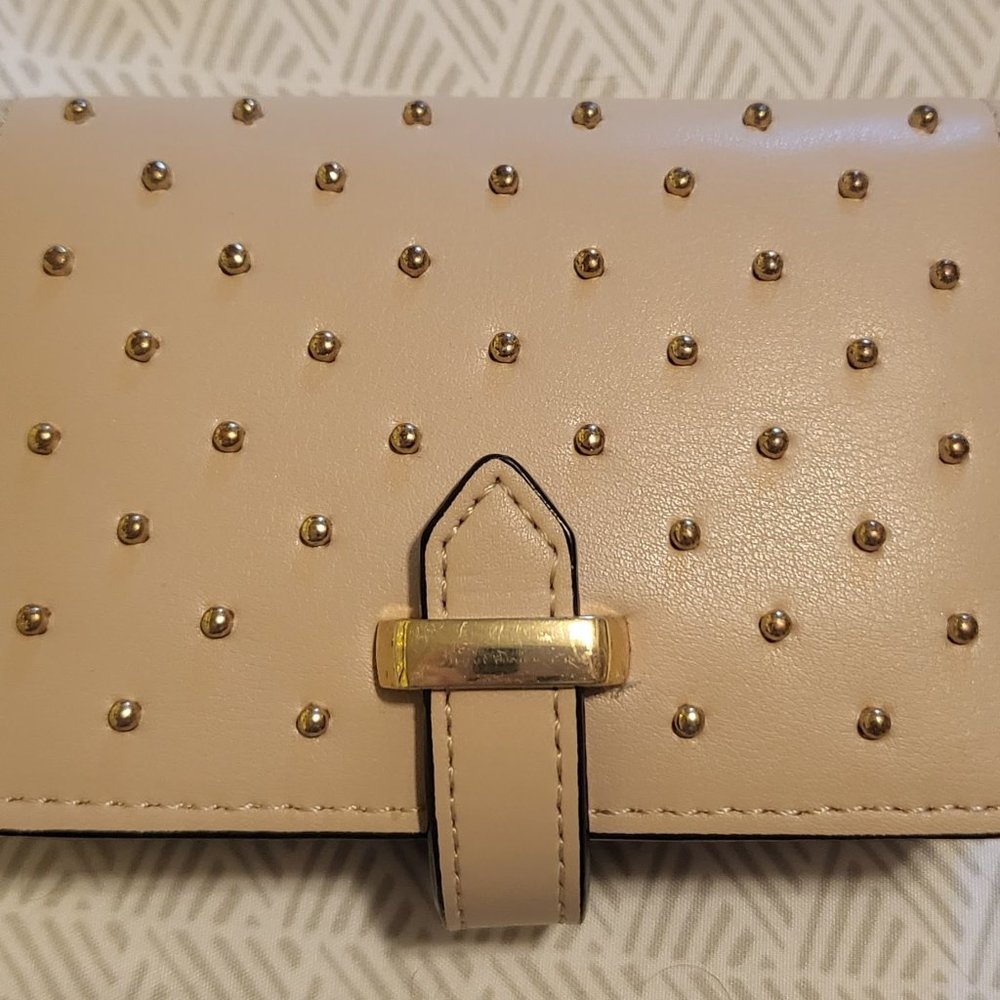 Business Card Holder - Beige, Gold Studded, Closure, Faux-Leather, Lightly Used